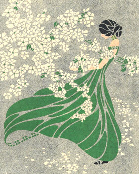 Illustration einer eleganten Frau in grünem Kleid, umgeben von weißen Blüten.